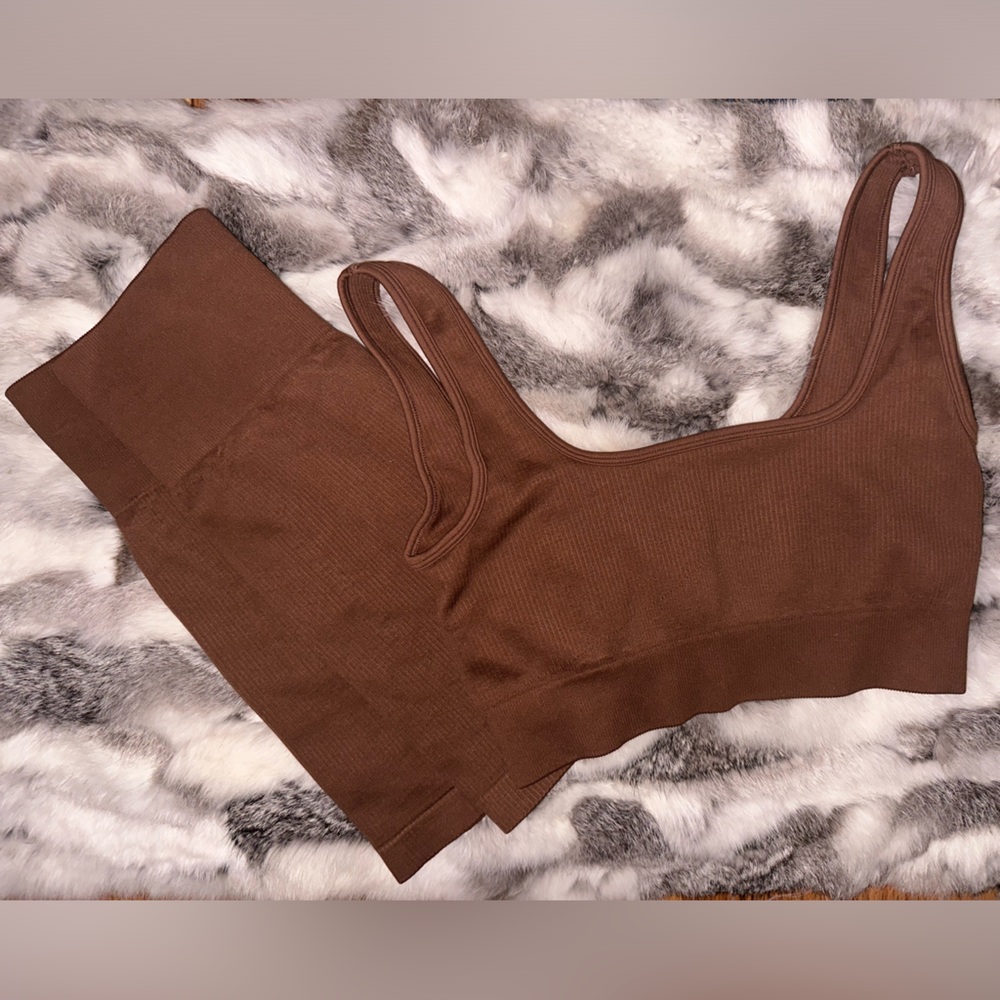 Ribbed Brown Biker Short and Sports Bra Set